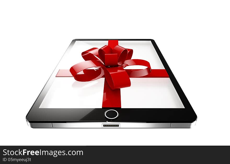 Virtual present concept, tablet present isolated on white background, clipping path included