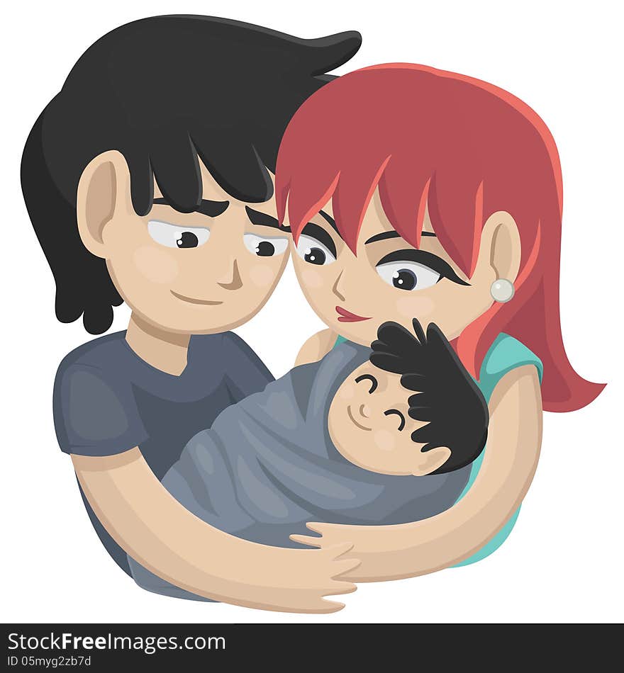 Vector illustration of a young couple holding their little baby. Vector illustration of a young couple holding their little baby.