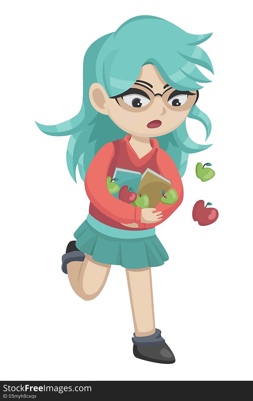 Vector illustration of a young teacher running and dropping some apples. Vector illustration of a young teacher running and dropping some apples.