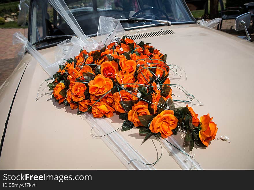 Wedding bouquet on the car