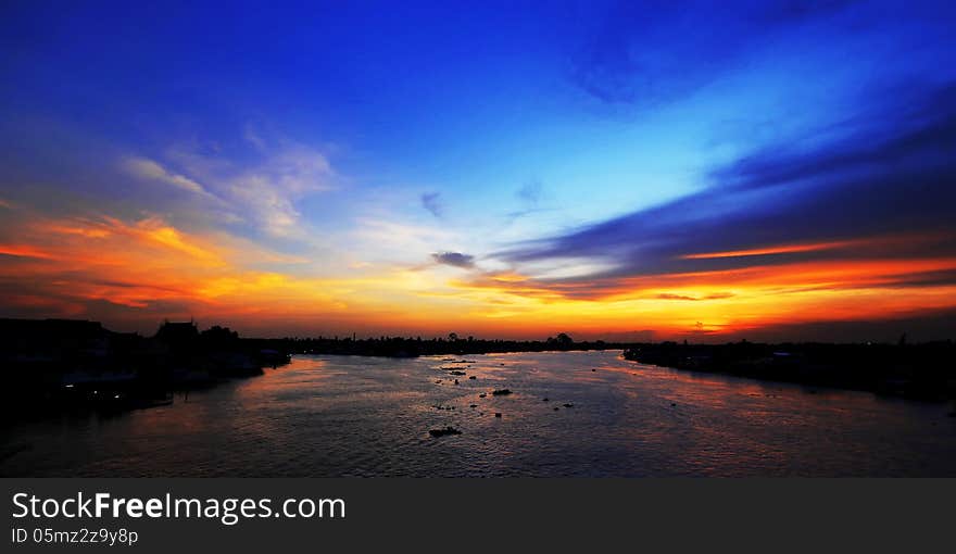 Beautiful twilight at the river in Thailand