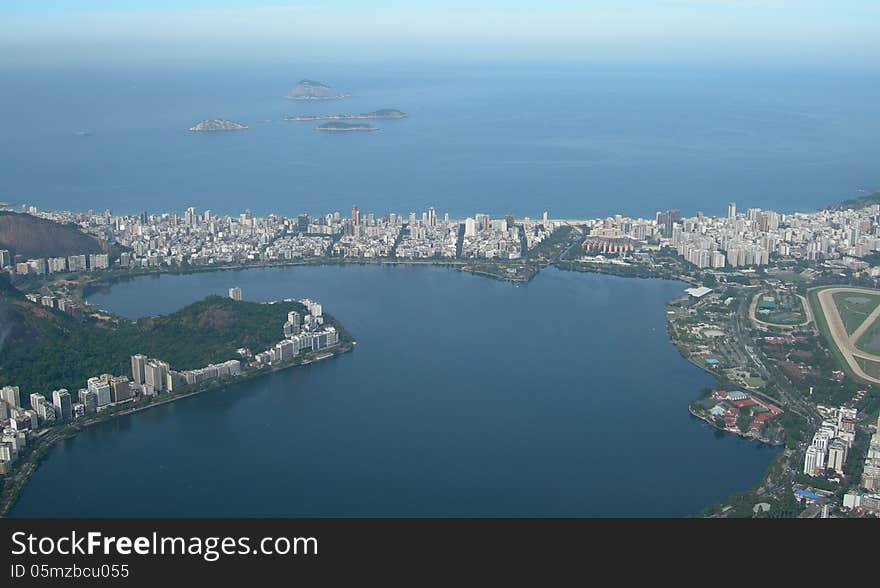 Rio de Janeiro, the city of the 2016 Olympiad, aerial view photographed from the Corcovado platform, Brazil, South America. Rio de Janeiro, the city of the 2016 Olympiad, aerial view photographed from the Corcovado platform, Brazil, South America