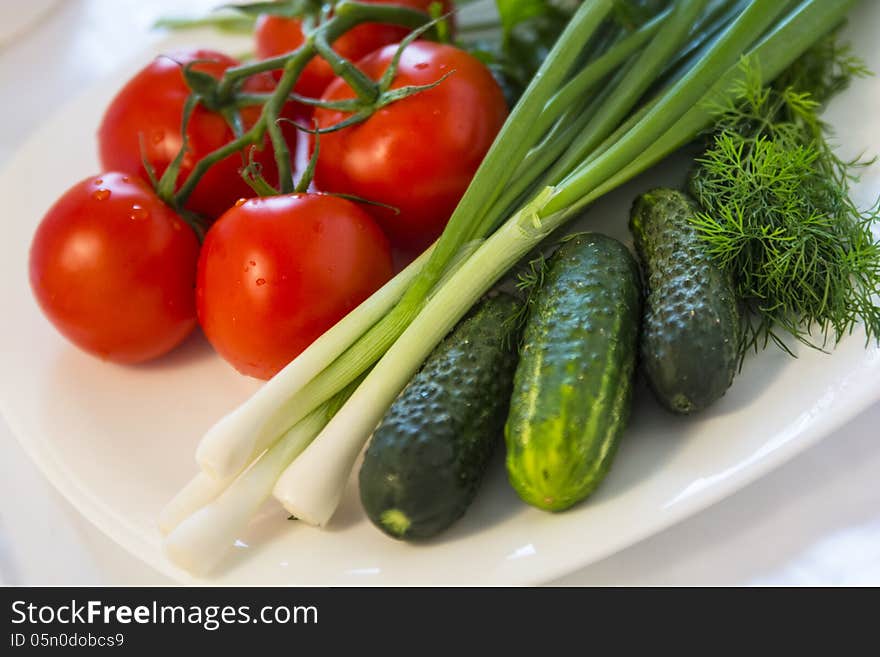 Fresh and tasty vegetables: tomatoes, cucumbers, green dill, and spring onions. Blurred background. Selective focus. Fresh and tasty vegetables: tomatoes, cucumbers, green dill, and spring onions. Blurred background. Selective focus.