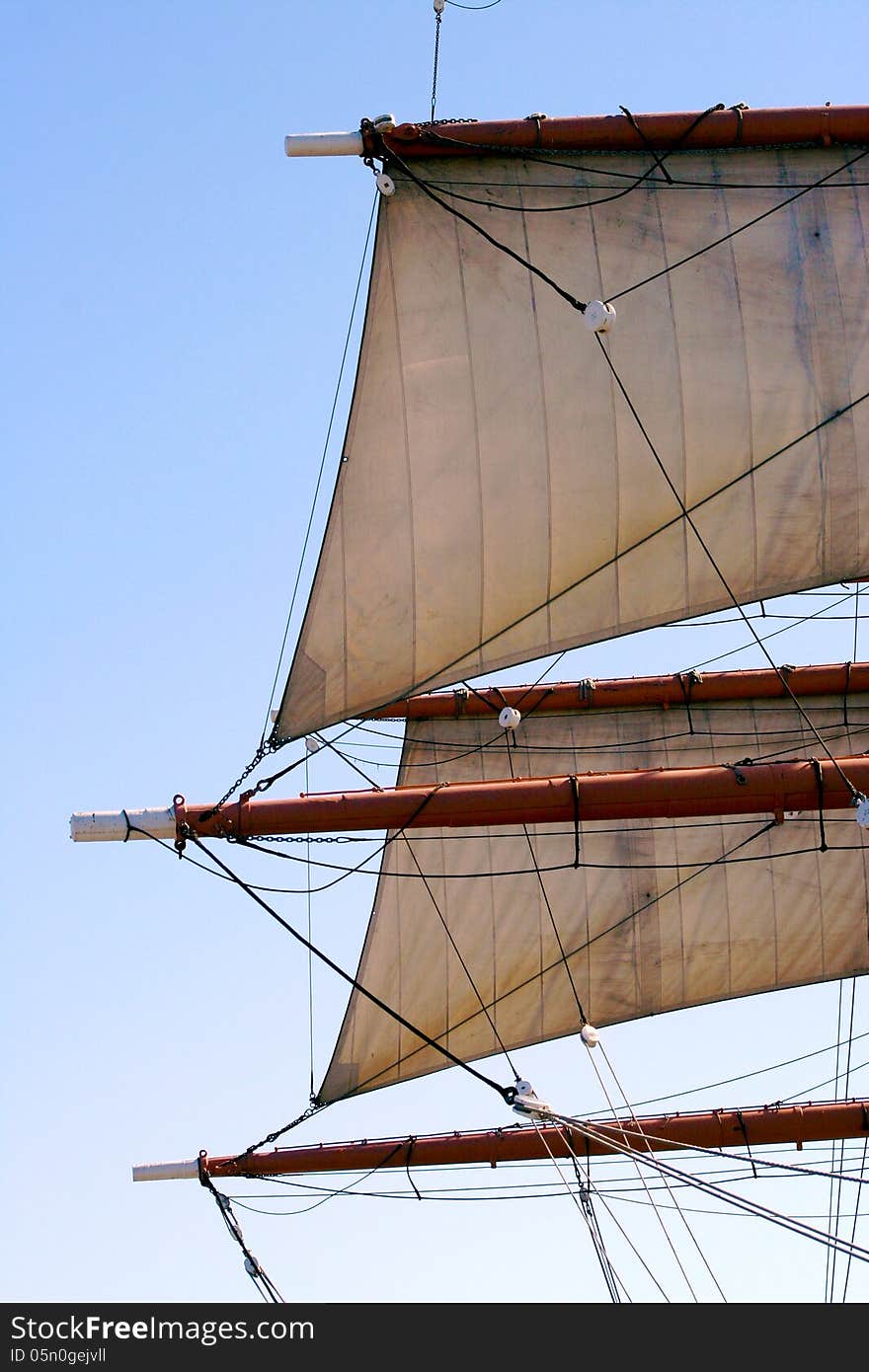 Detail Of Sailing Ship Rigging Against Blue Sky. Detail Of Sailing Ship Rigging Against Blue Sky