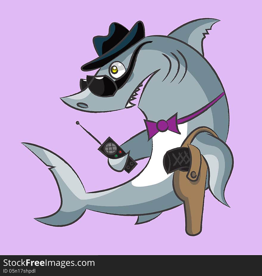 The toothy shark is the gangster in a hat and dark glasses has the gun in a holster and a handheld transceiver. The toothy shark is the gangster in a hat and dark glasses has the gun in a holster and a handheld transceiver