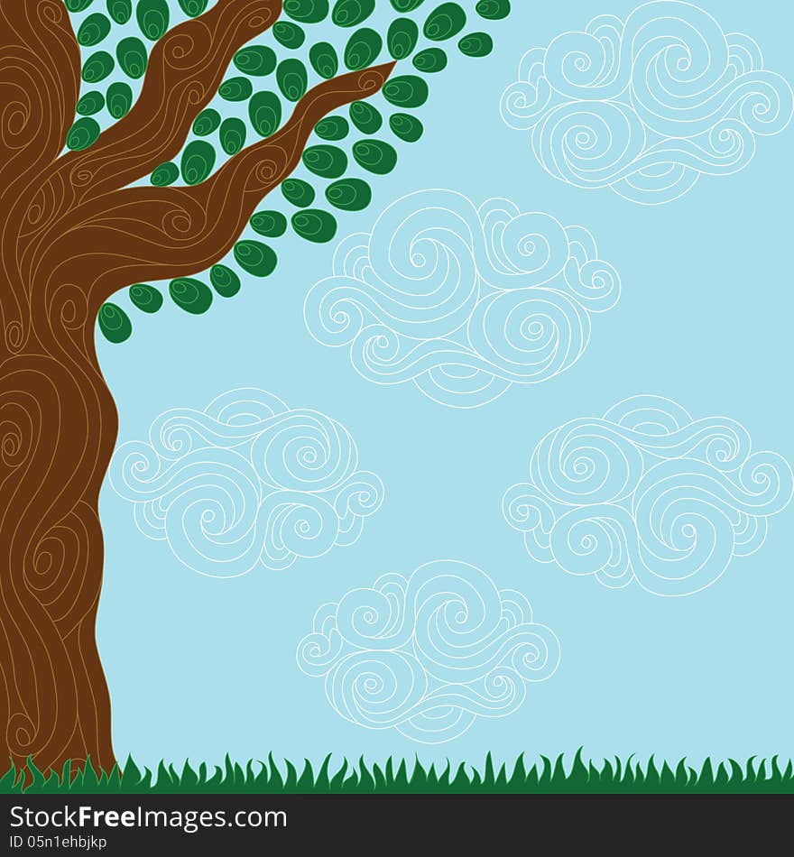 Stylized curly tree, green grass, cloud and blue sky