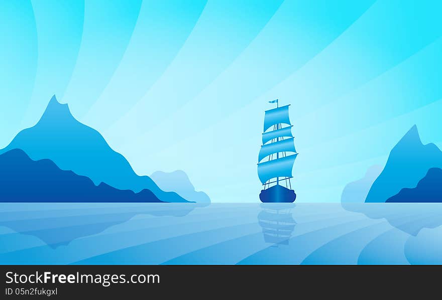 Sailing ship on skyline. Vector illustration