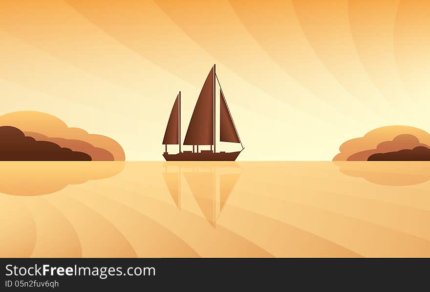 Sailing ship on skyline. Vector illustration