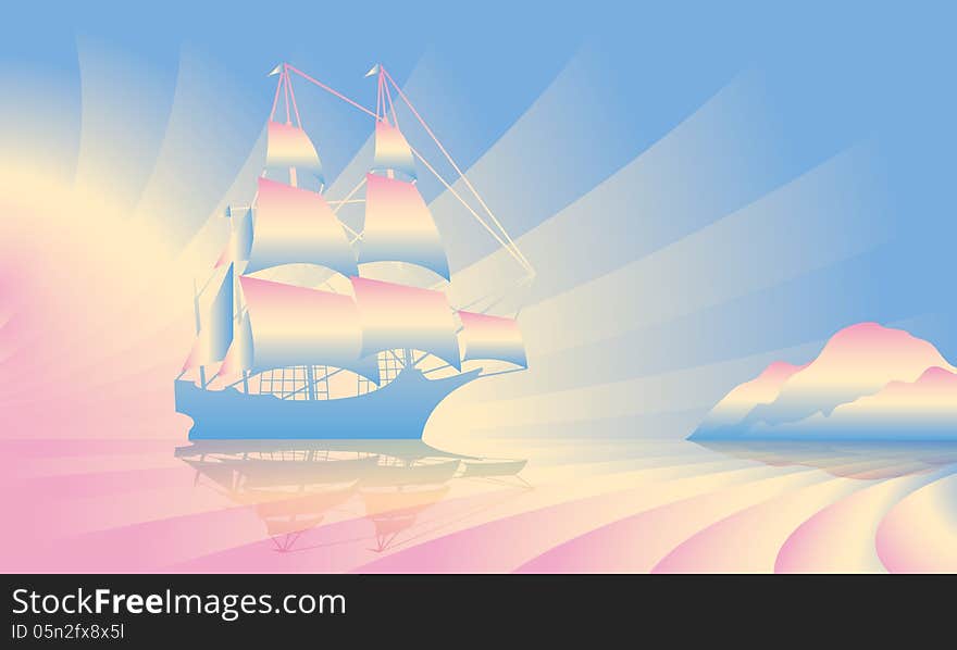 Sailing ship on skyline. Vector illustration