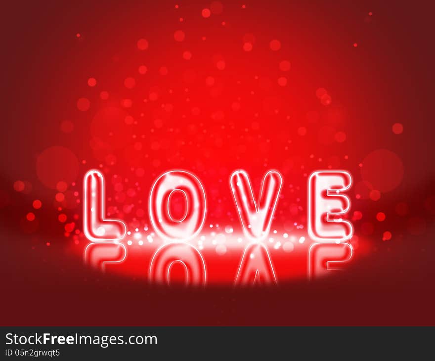 Vector illustration of love. Neon word on a red background.