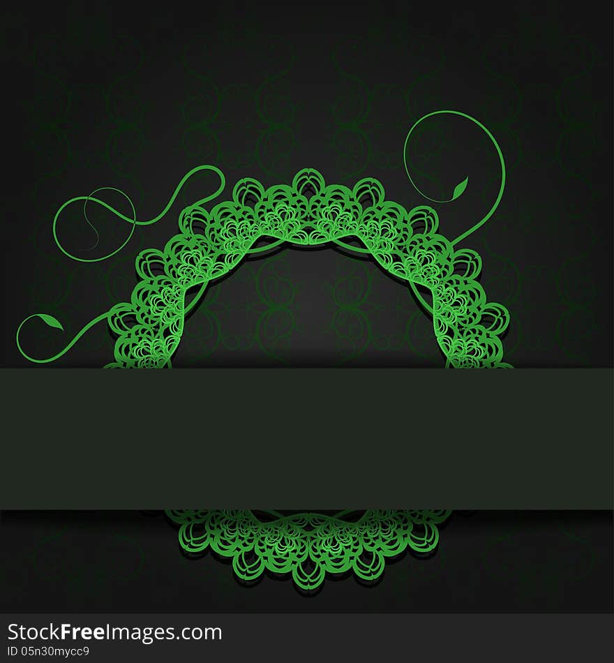 Abstraction dark background with green openwork lace element and a place for text. Vector illustration. Abstraction dark background with green openwork lace element and a place for text. Vector illustration