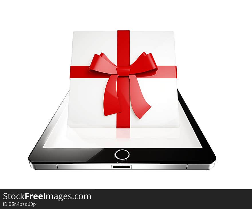 Virtual present concept, tablet present isolated on white background, clipping path included