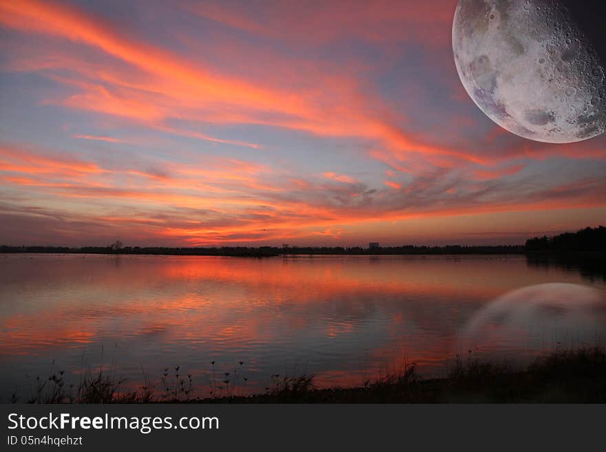 Sunset with moon