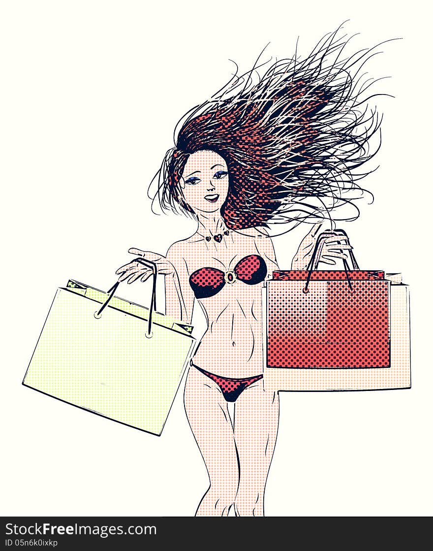 Girl in red bikini with shopping bags, retro halftone effect. Girl in red bikini with shopping bags, retro halftone effect.