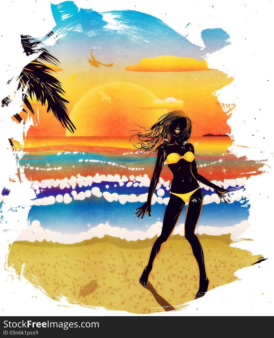 Woman silhouette in yellow bikini on tropical beach at sunset. Woman silhouette in yellow bikini on tropical beach at sunset.