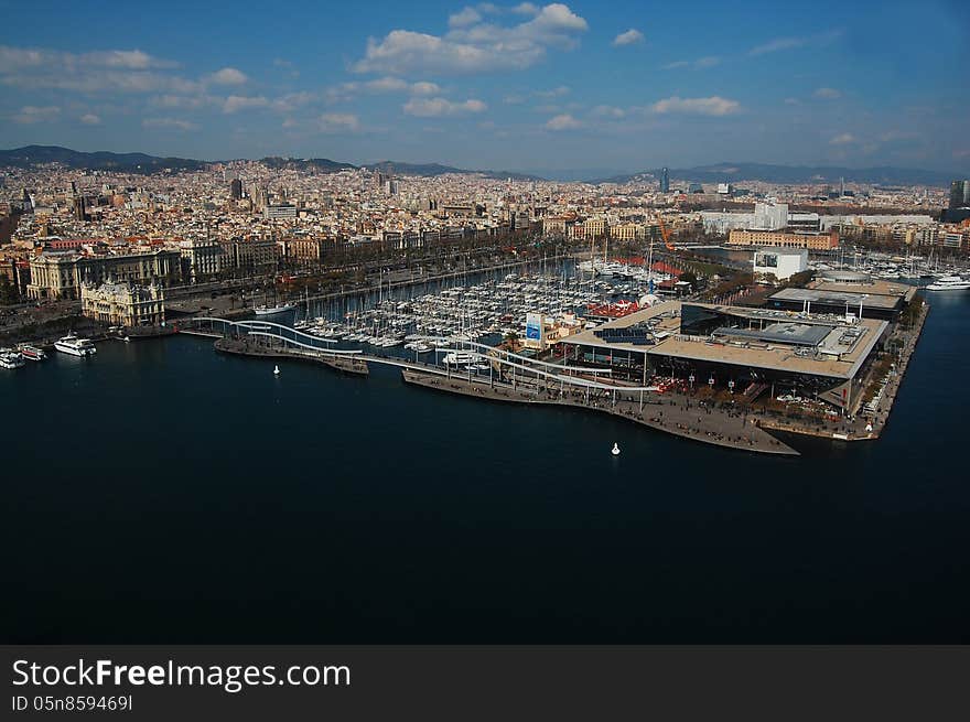 Barcelona Rambla del Mar sky view with overview of the city. Barcelona Rambla del Mar sky view with overview of the city