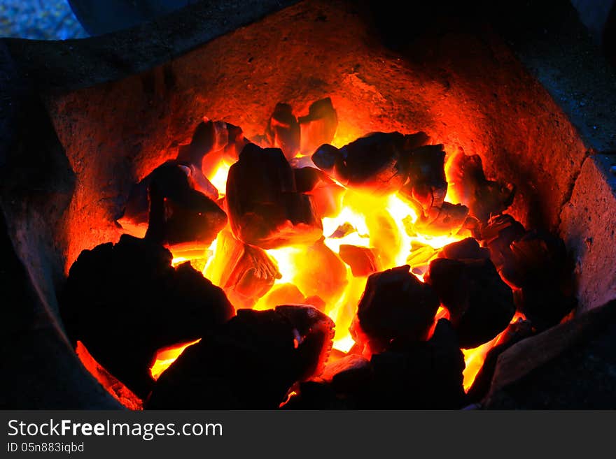 Burning wood in hot stove, Thailand traditional style of cooking