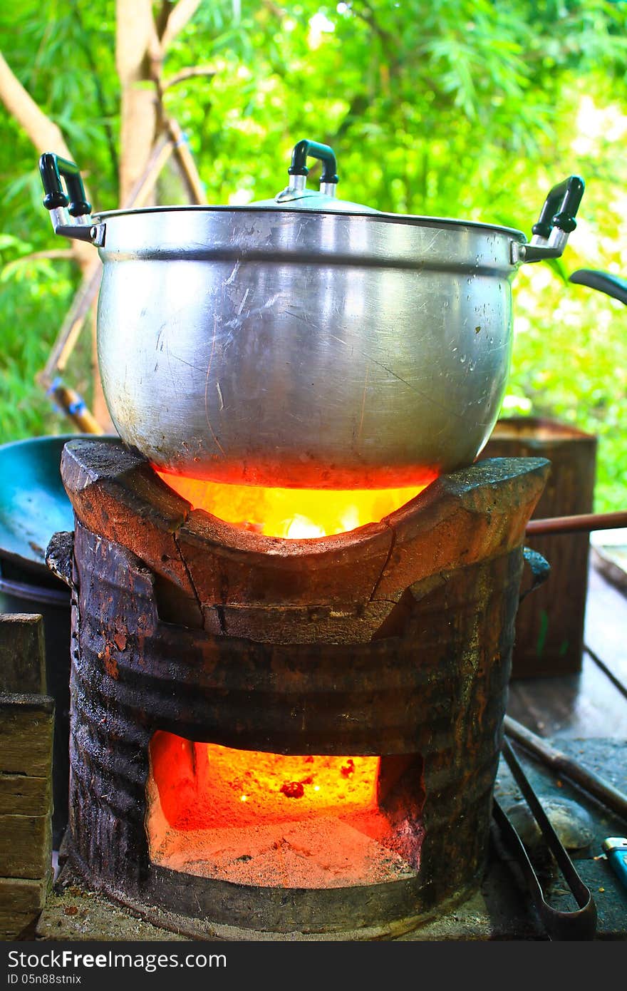 Rice cooker, boiling in the aluminum pot on Stove