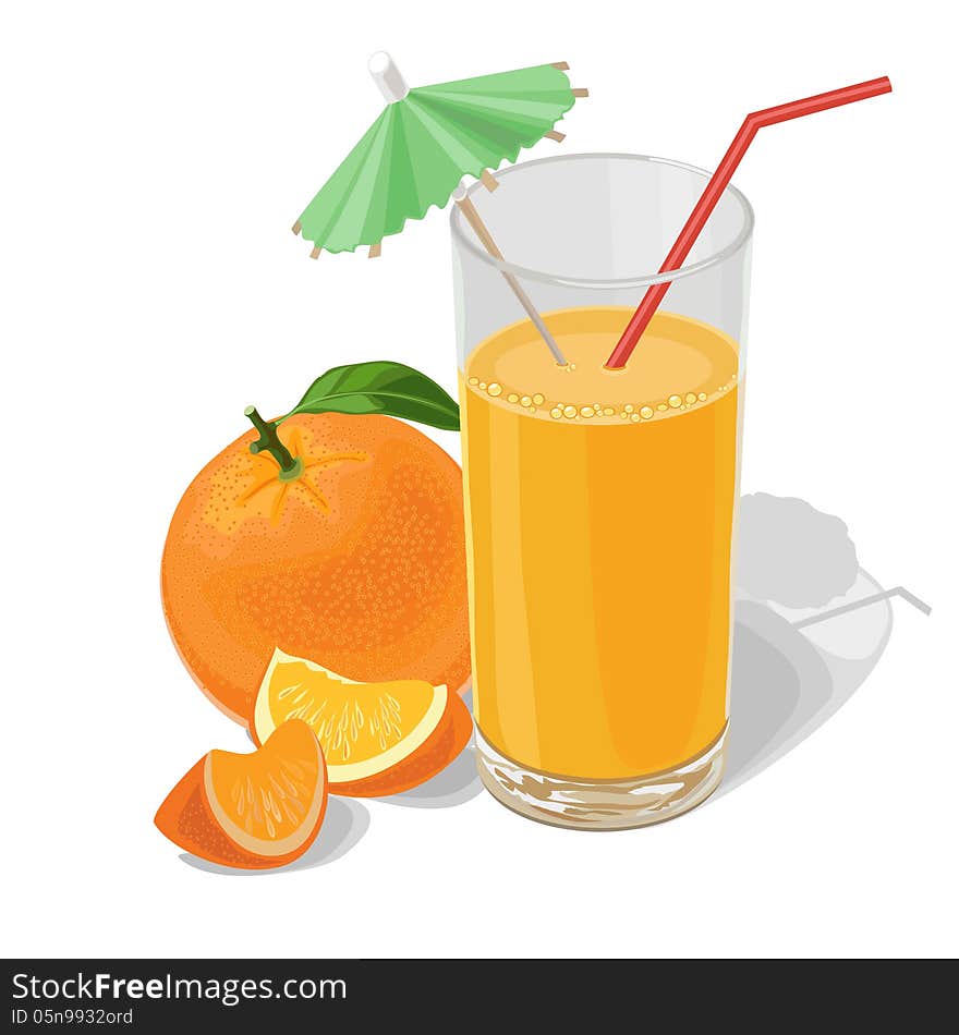 Glass of orange juice on a white background with a whole orange and slices. Glass of orange juice on a white background with a whole orange and slices
