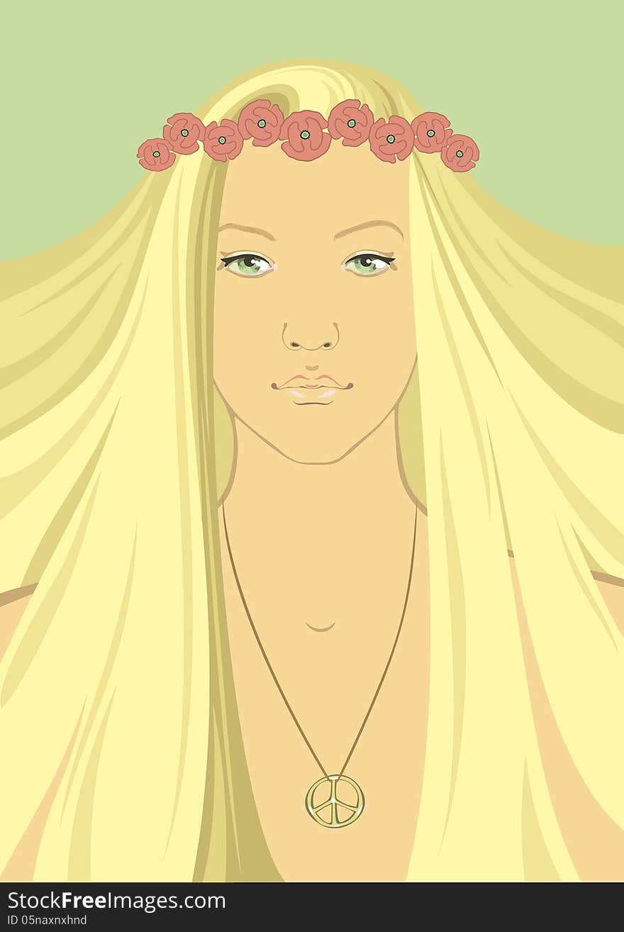 Illustration (vector EPS8 included) of young woman with long blond hair and a wreath of flowers on. Illustration (vector EPS8 included) of young woman with long blond hair and a wreath of flowers on