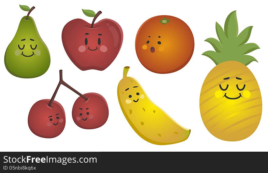 Set with six vector illustrations of cute fruits smiling. Set with six vector illustrations of cute fruits smiling.