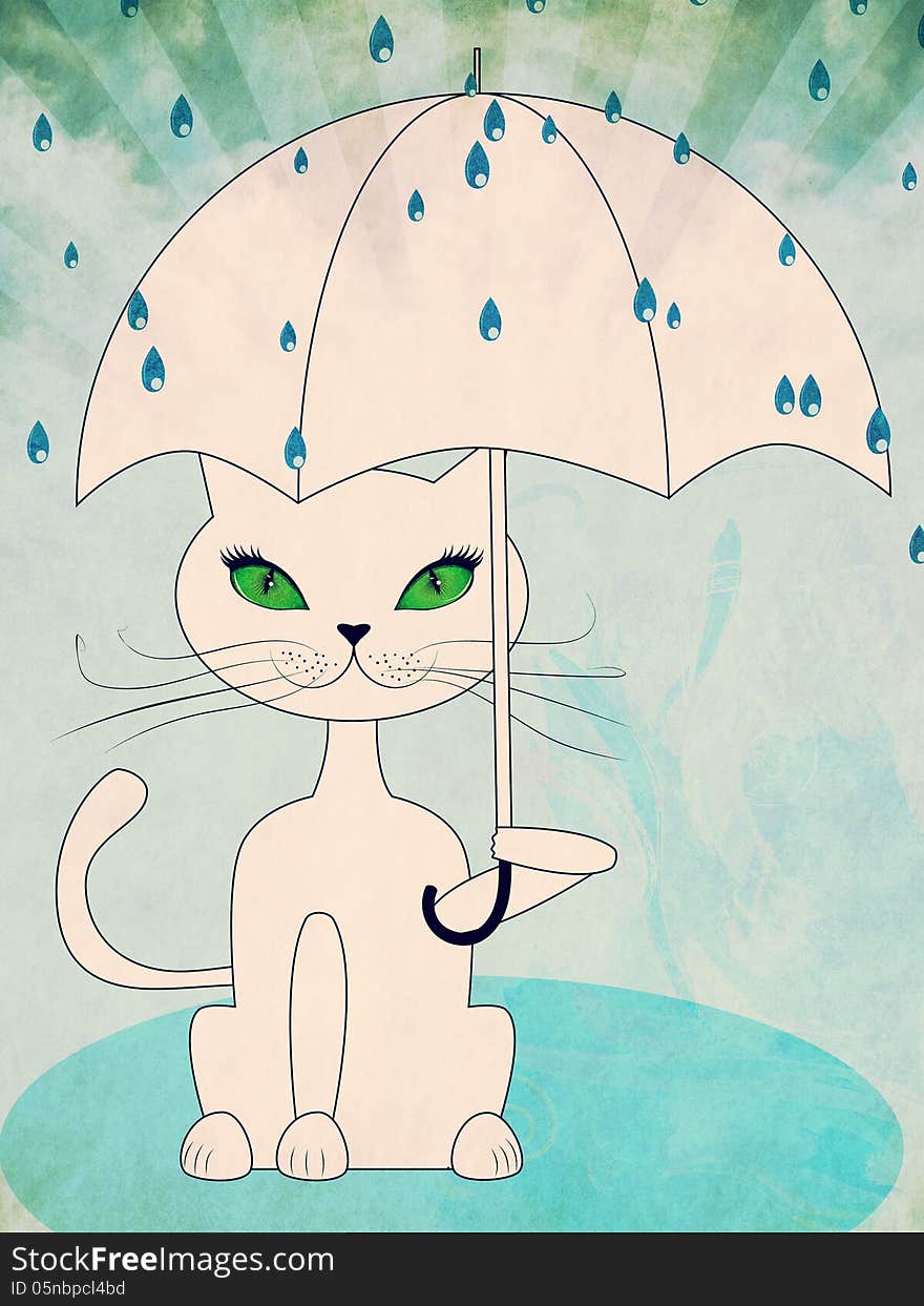 Cartoon cat with green eyes holding umbrella on blue rainy background. Cartoon cat with green eyes holding umbrella on blue rainy background.