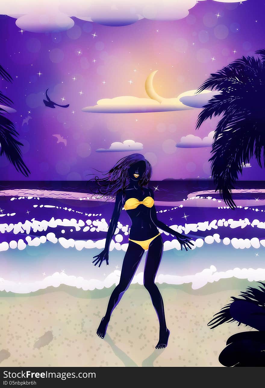 Woman silhouette in yellow bikini on tropical beach at night time. Woman silhouette in yellow bikini on tropical beach at night time.