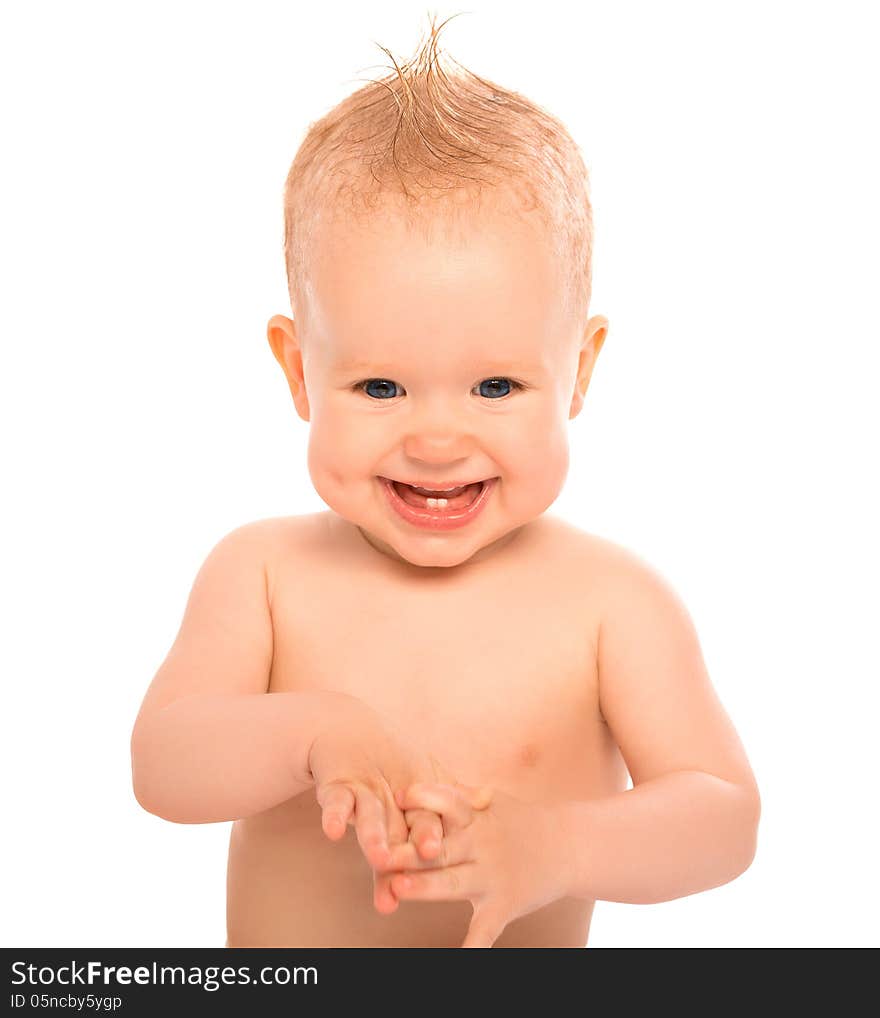 Funny fun happy kid with a mohawk, topknot isolated on white background