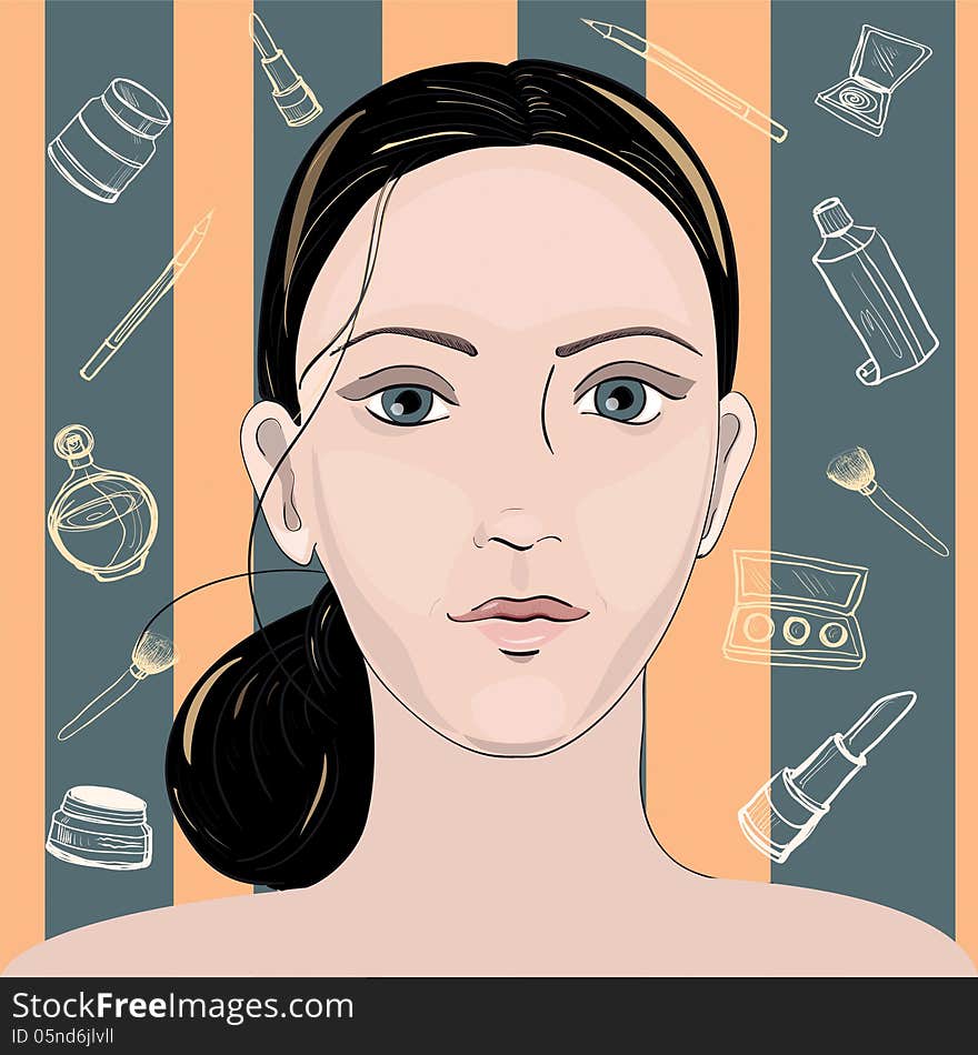 Beautiful young woman with a cosmetics set. vector. concept face care. Beautiful young woman with a cosmetics set. vector. concept face care