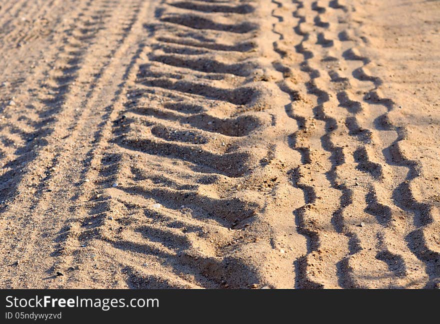 Tire tracks on a sandy road, illuminated by the setting sun