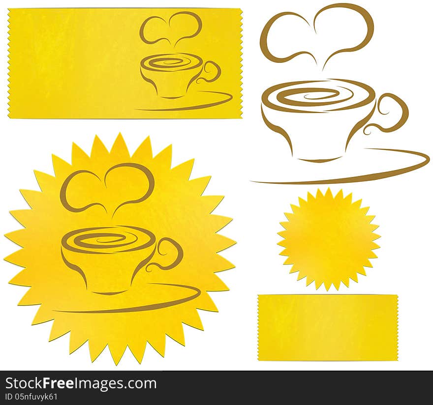 Set of icons and logos in the form of a star, rectangle, and coffee mugs. Set of icons and logos in the form of a star, rectangle, and coffee mugs