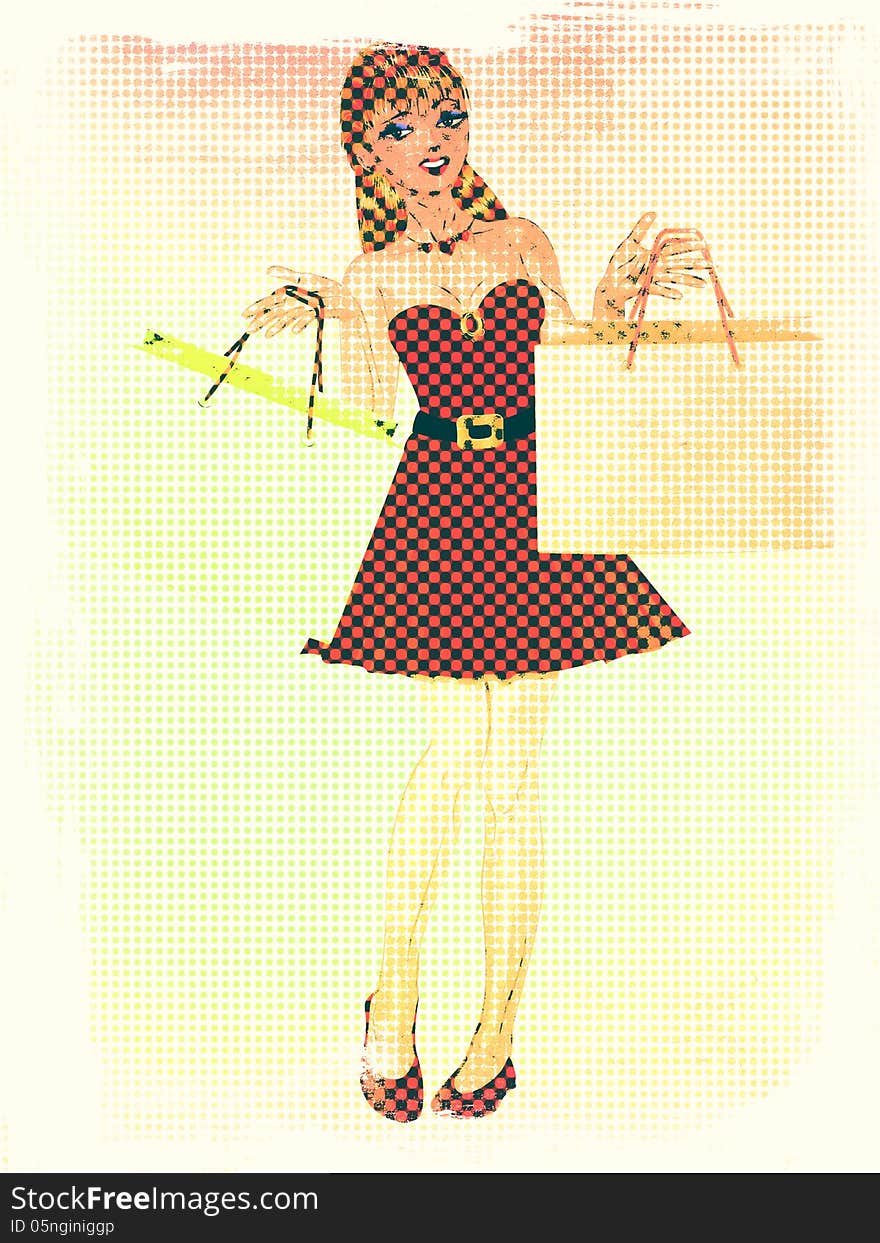 Cartoon woman in red dress with shopping bags in retro halftone style. Cartoon woman in red dress with shopping bags in retro halftone style.