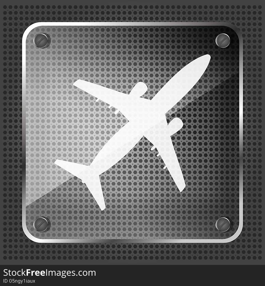 Glass airplane icon on a metallic background