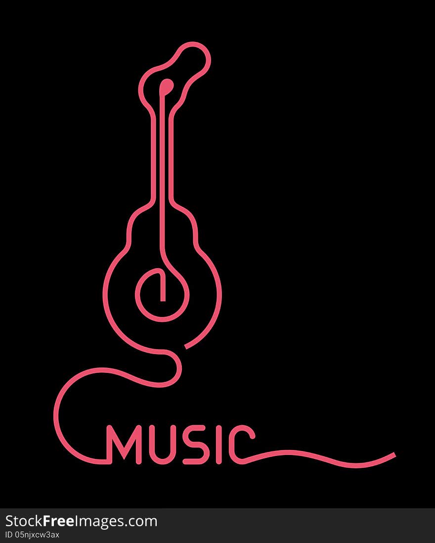 Guitar Neon Sign - vector illustration. Guitar symbol with inscription Music on black background.