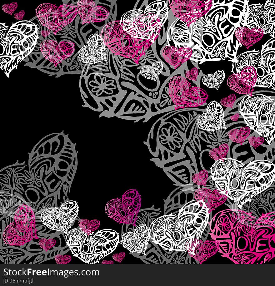 Vector graphic image with white and pink hearts on black background