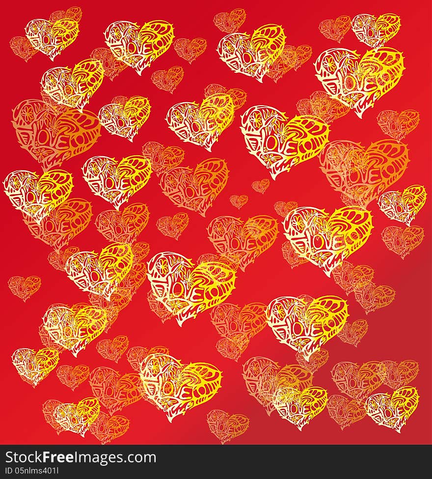 Vector graphic image with yellow hearts on red background