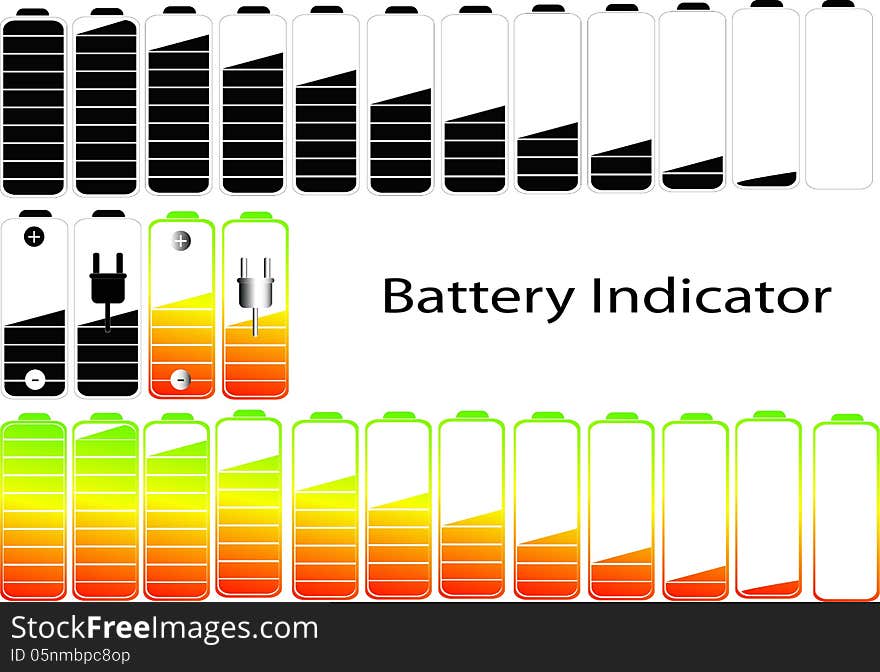 Vector symbols of battery level indicator, isolated on white