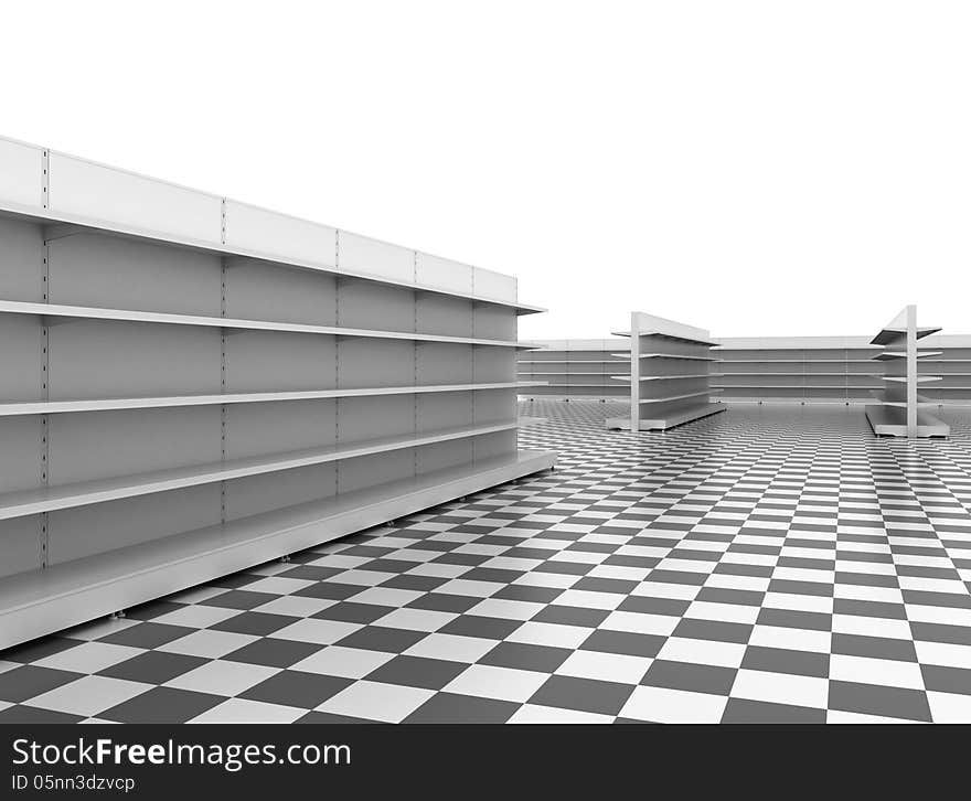 Standard supermarket shelving system - high res render. Standard supermarket shelving system - high res render