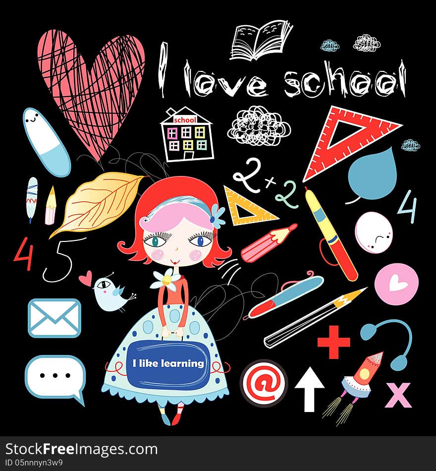 Cheerful schoolgirl and graphics school set on a dark background. Cheerful schoolgirl and graphics school set on a dark background