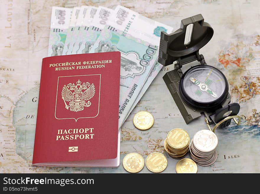 Passport, Money And Compass.