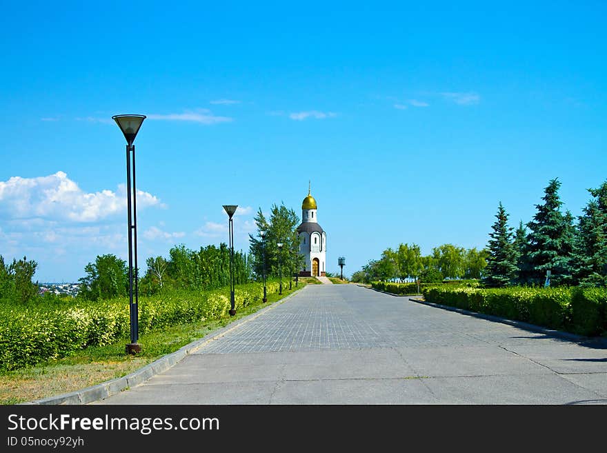 The temple-chapel in honour of the Vladimir icon of the Mother of God. Mamaev Kurgan memorial complex , may 2013. The temple-chapel in honour of the Vladimir icon of the Mother of God. Mamaev Kurgan memorial complex , may 2013