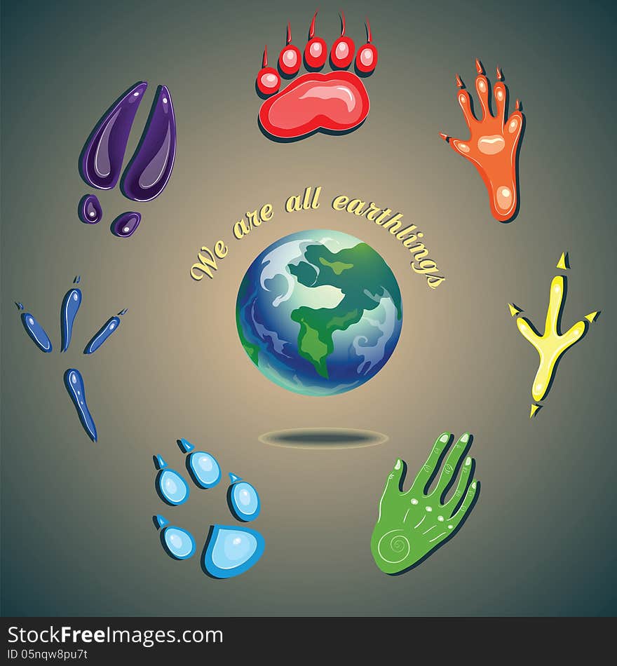 Humans and animals footprints. we are all earthlings. Humans and animals footprints. we are all earthlings