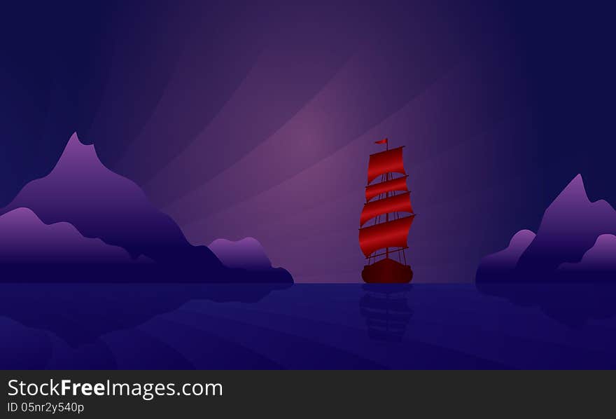 Sailing ship on the night skyline. Vector illustration