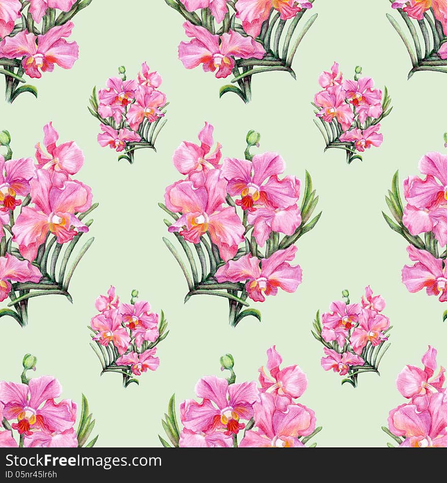 Hand-drawn orchid seamless pattern