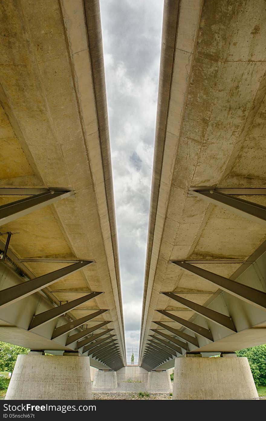 Modern beam bridge structure of concrete and steel.