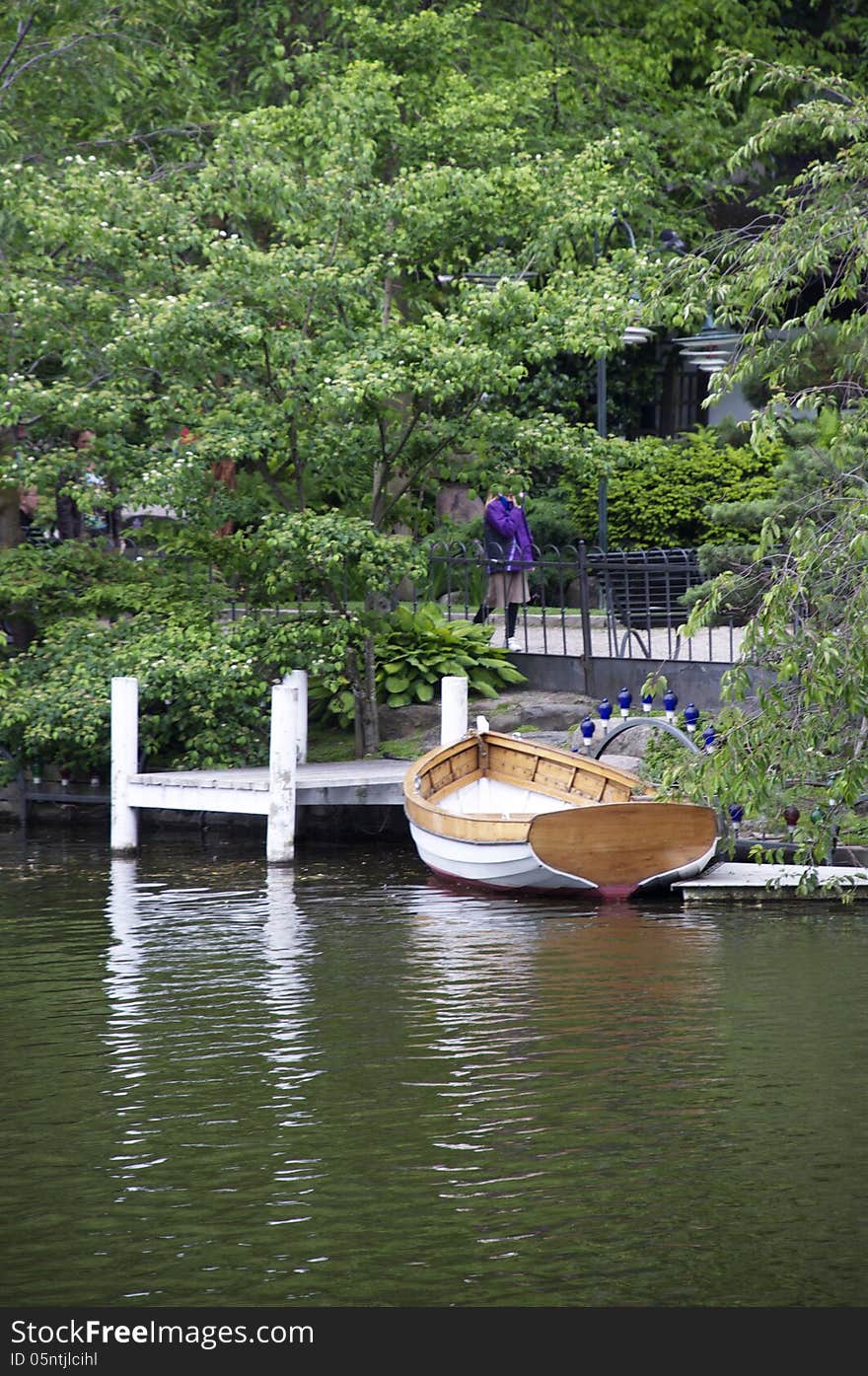 Rowboat bound to a jetty.