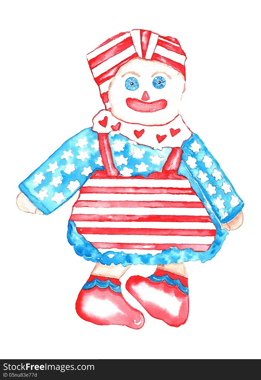 all American rag doll watercolor with a red and white stripe,  blue and white stars and hearts dress