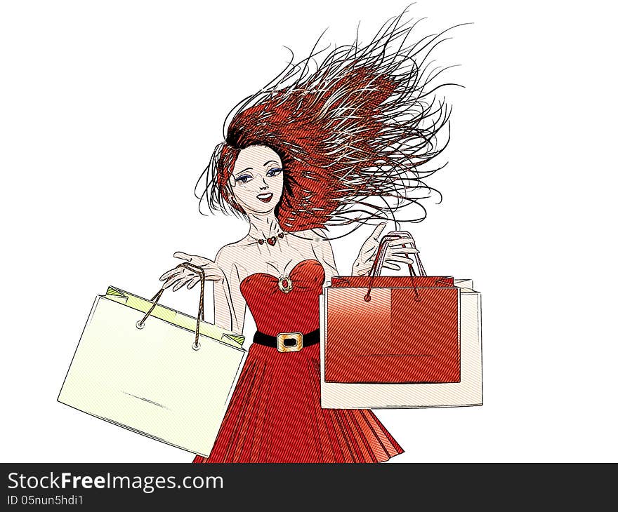 Cartoon woman in red dress with shopping bags in retro halftone style. Cartoon woman in red dress with shopping bags in retro halftone style.