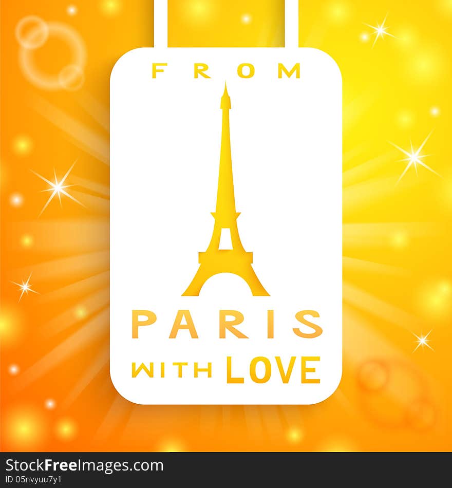 Eiffel tower applique background. Vector illustration for your shining romantic French design. White paper cutout with Paris sign on magic orange background. From Paris with love.