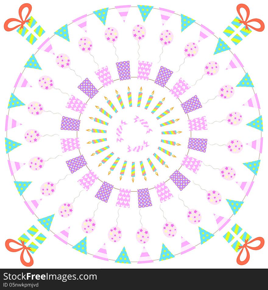 Funny happy birthday round background. Vector illustration for your carnival design. Gift cover for baby, child and girl. Can be used for wallpaper, pattern fills, web page background, surface texture